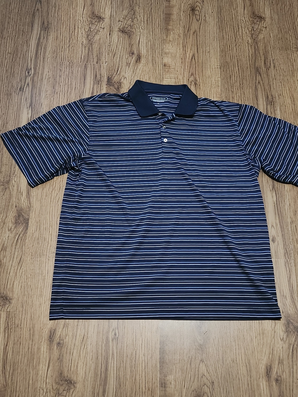 Striped Navy Polo with Black Contrast Collar by Club Room